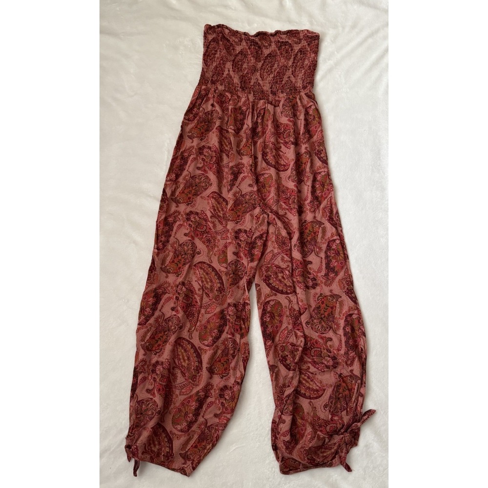 Urban Outfitters Paisley Strapless Smocked Jumpsuit Boho Rayon Wide Leg Womens